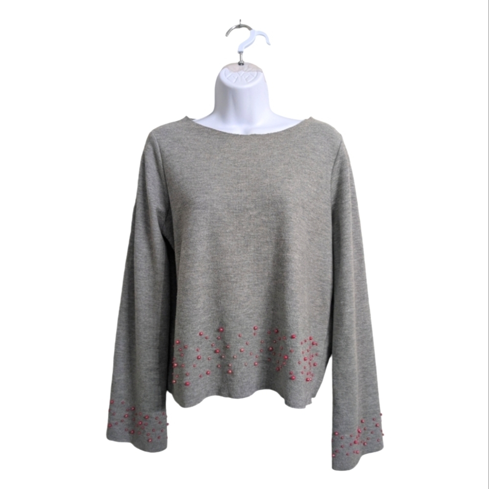 Zara Trafaluc Gray Pullover Sweater Boat Neck Long Bell Sleeve Pink Beads Fall M